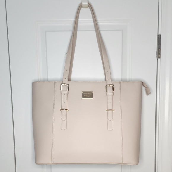 Lovevook Handbags - LOVEVOOK Pink-Beige Laptop Tote Bag Vegan Leather Work Bag Gold Hardware Large
